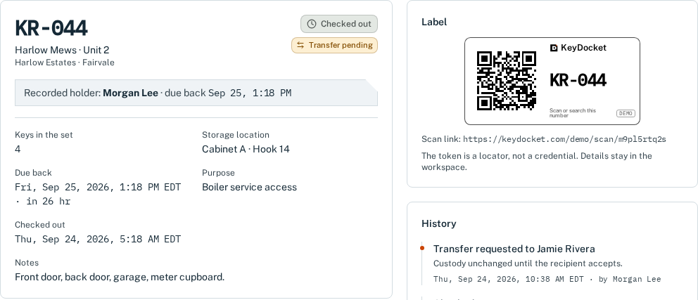 KeyDocket demo record for key set KR-044 at Harlow Mews Unit 2, showing its printed label with a QR code, the recorded holder, due-back time and a history of logged movements.